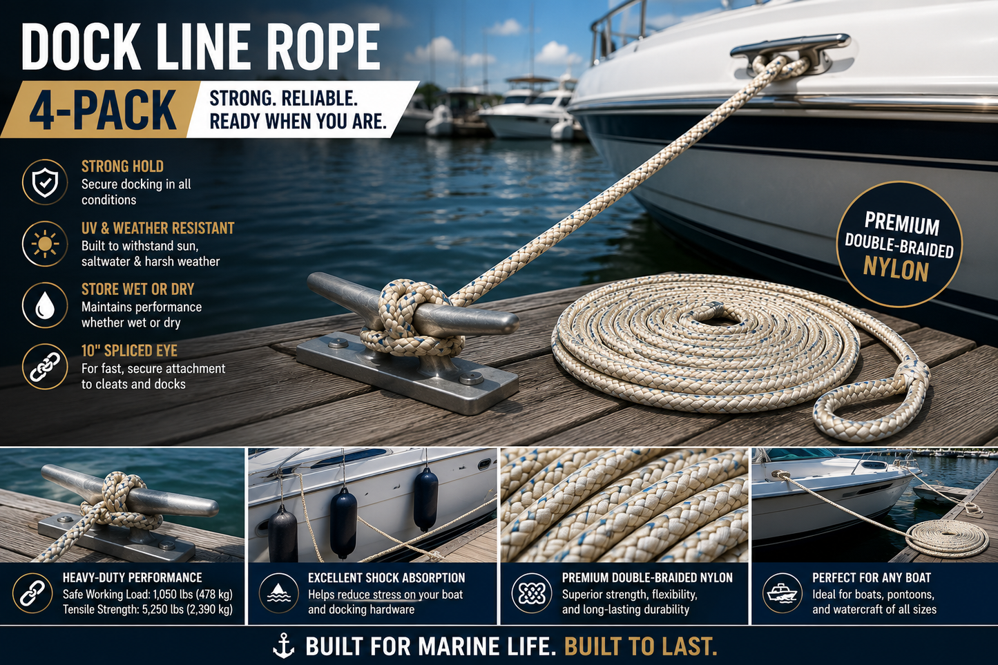 Dock Line Rope 4-Pack