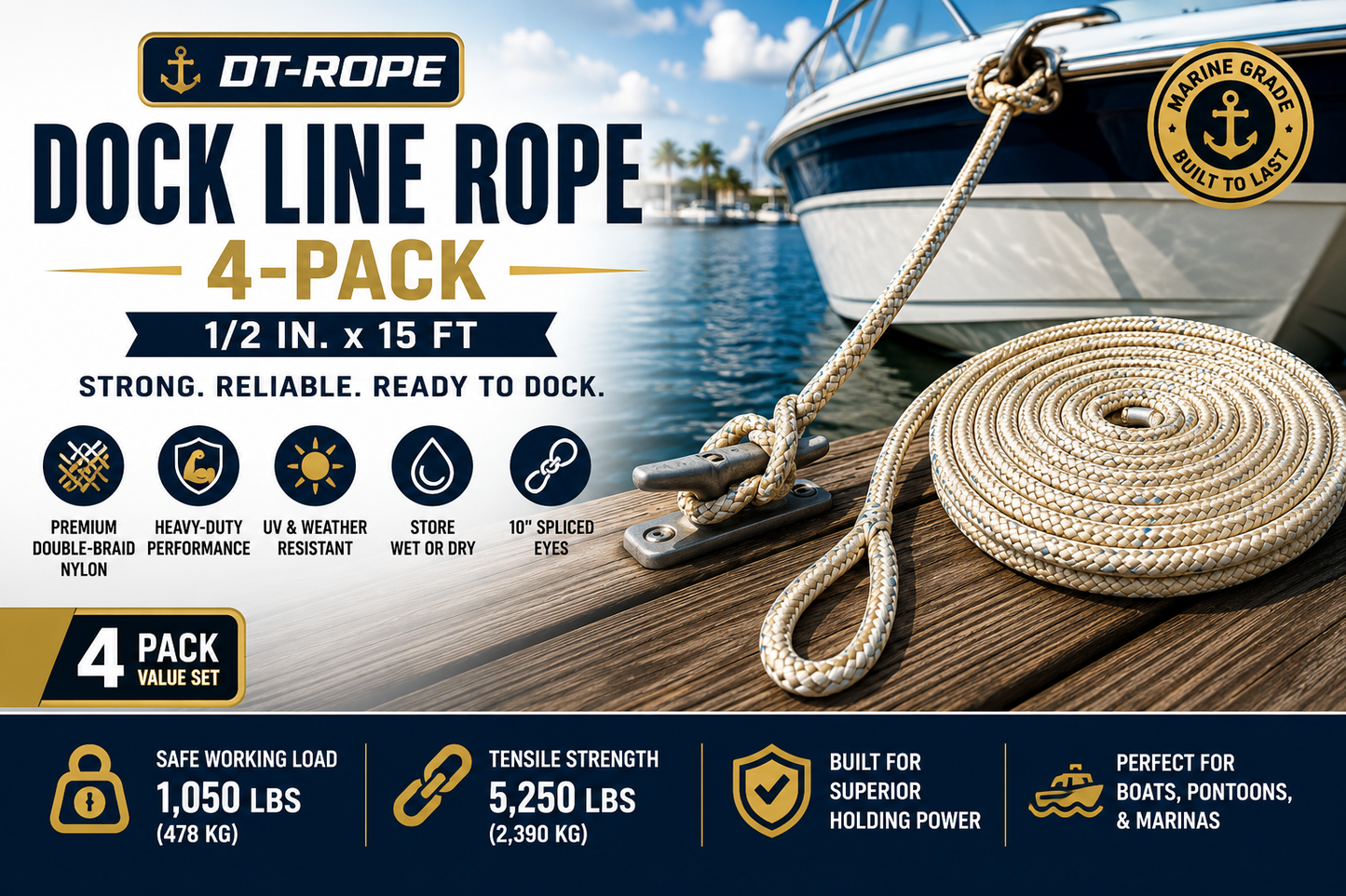 Dock Line Rope 4-Pack