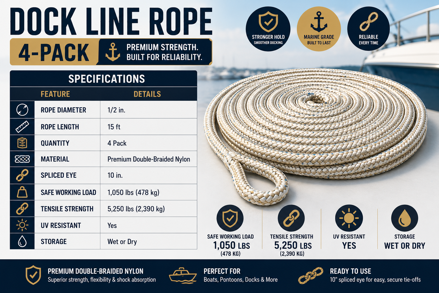 Dock Line Rope 4-Pack