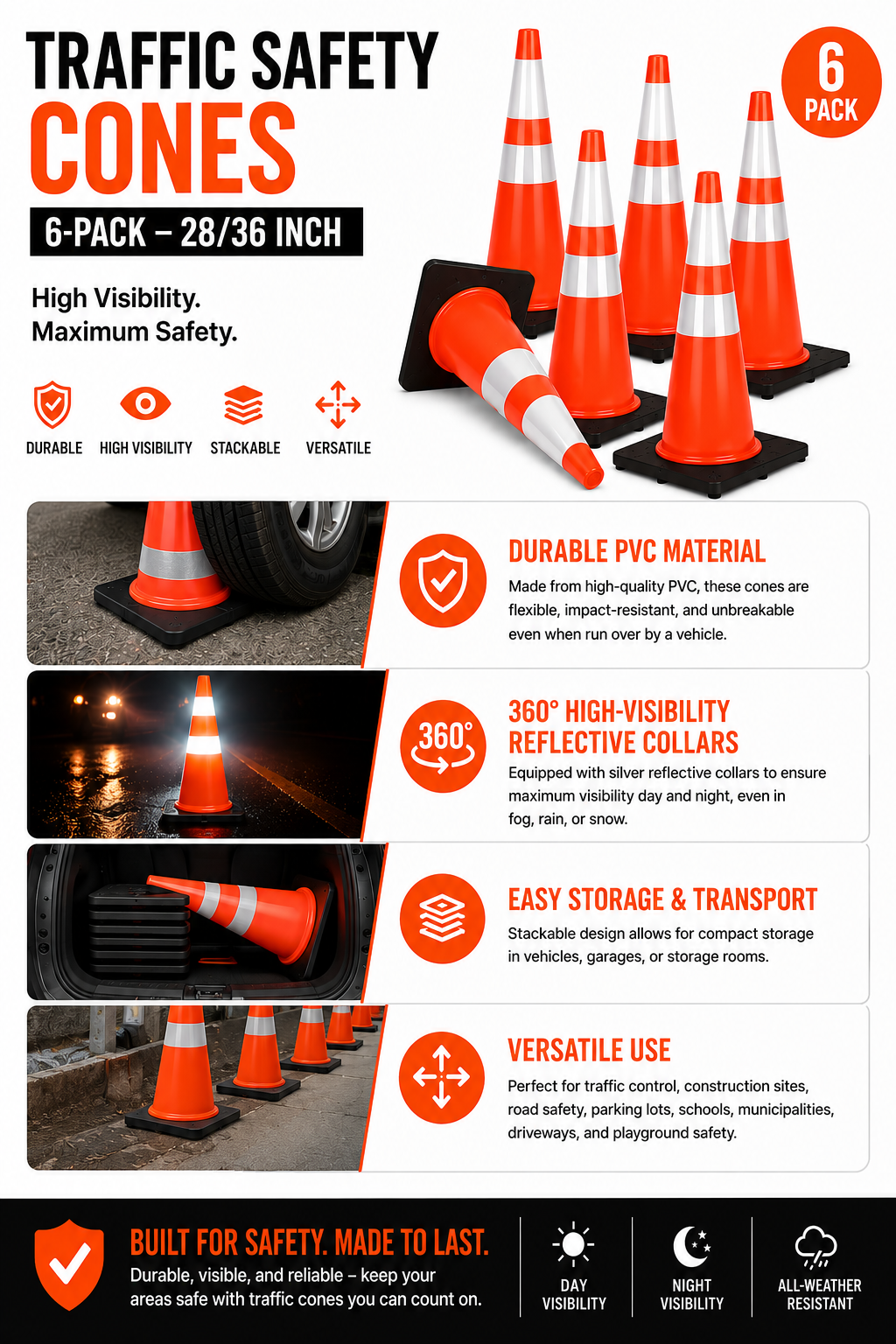28-Inch/36-Inch 6PCS Traffic Safety Parking Cones Reflective Collars