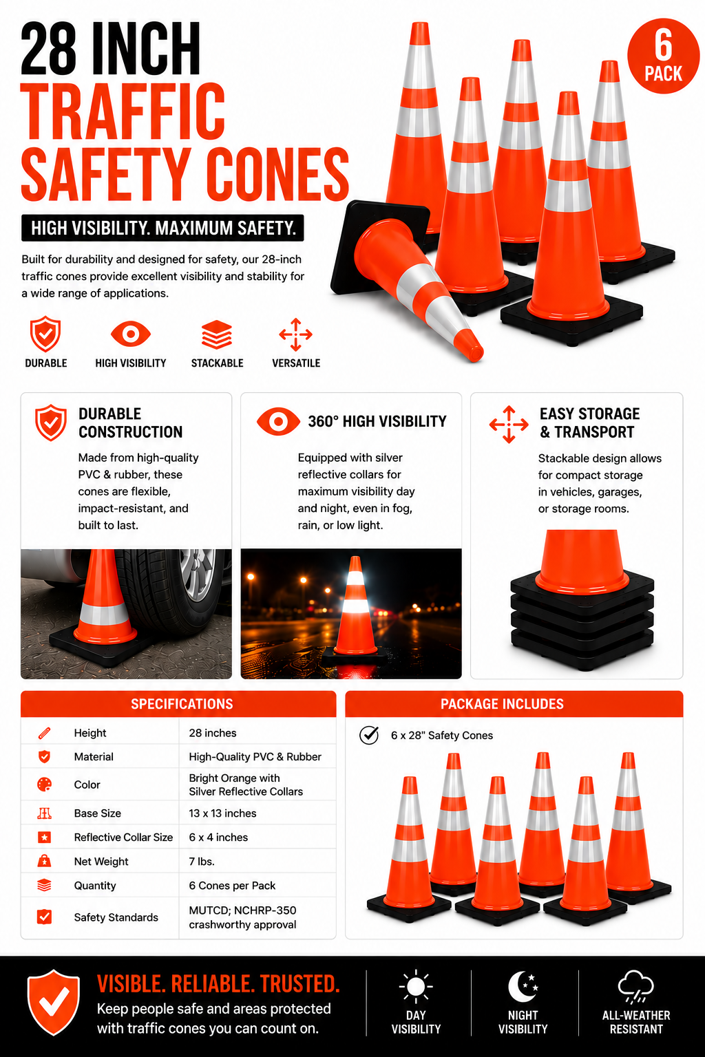 28-Inch/36-Inch 6PCS Traffic Safety Parking Cones Reflective Collars