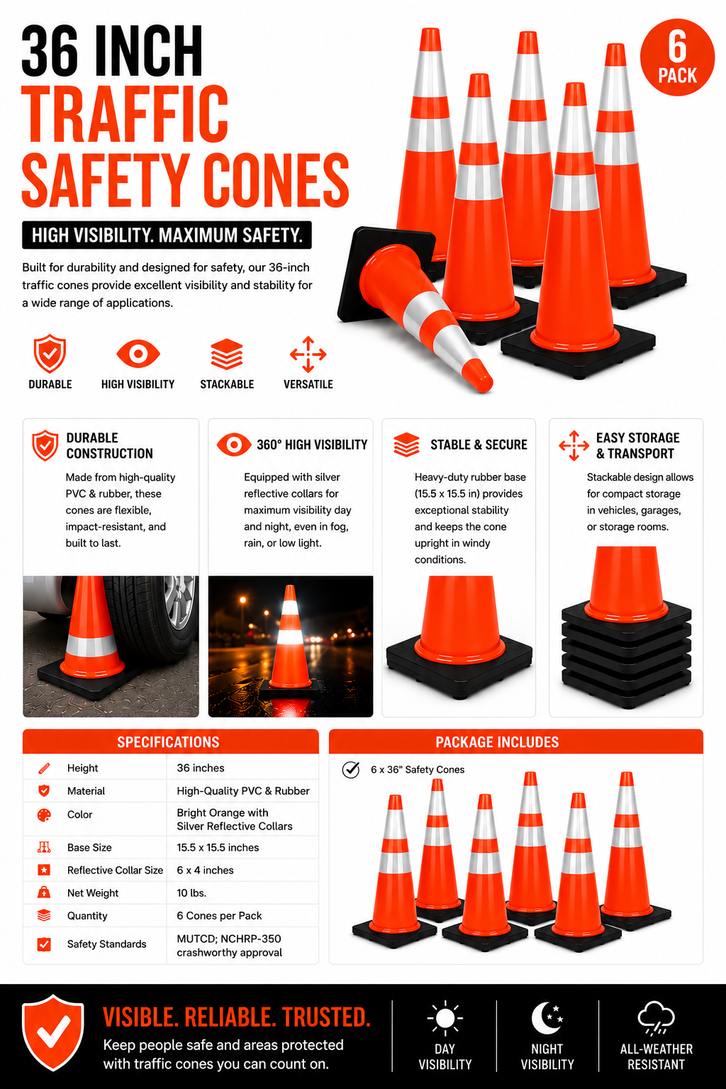 28-Inch/36-Inch 6PCS Traffic Safety Parking Cones Reflective Collars