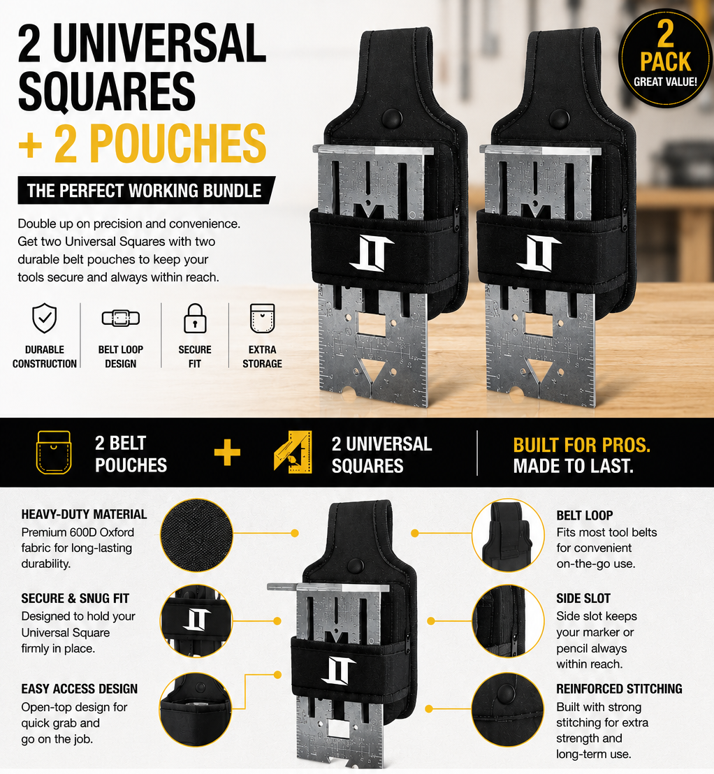 A promotional product graphic for a 2-pack of universal square tool pouches plus 2 pouches, shown on a light wood background with feature callouts and icons. The image includes text such as '2 UNIVERSAL SQUARES + 2 POUCHES,' 'THE PERFECT WORKING CONVENIENCE,' and 'BUILT FOR PROS.
