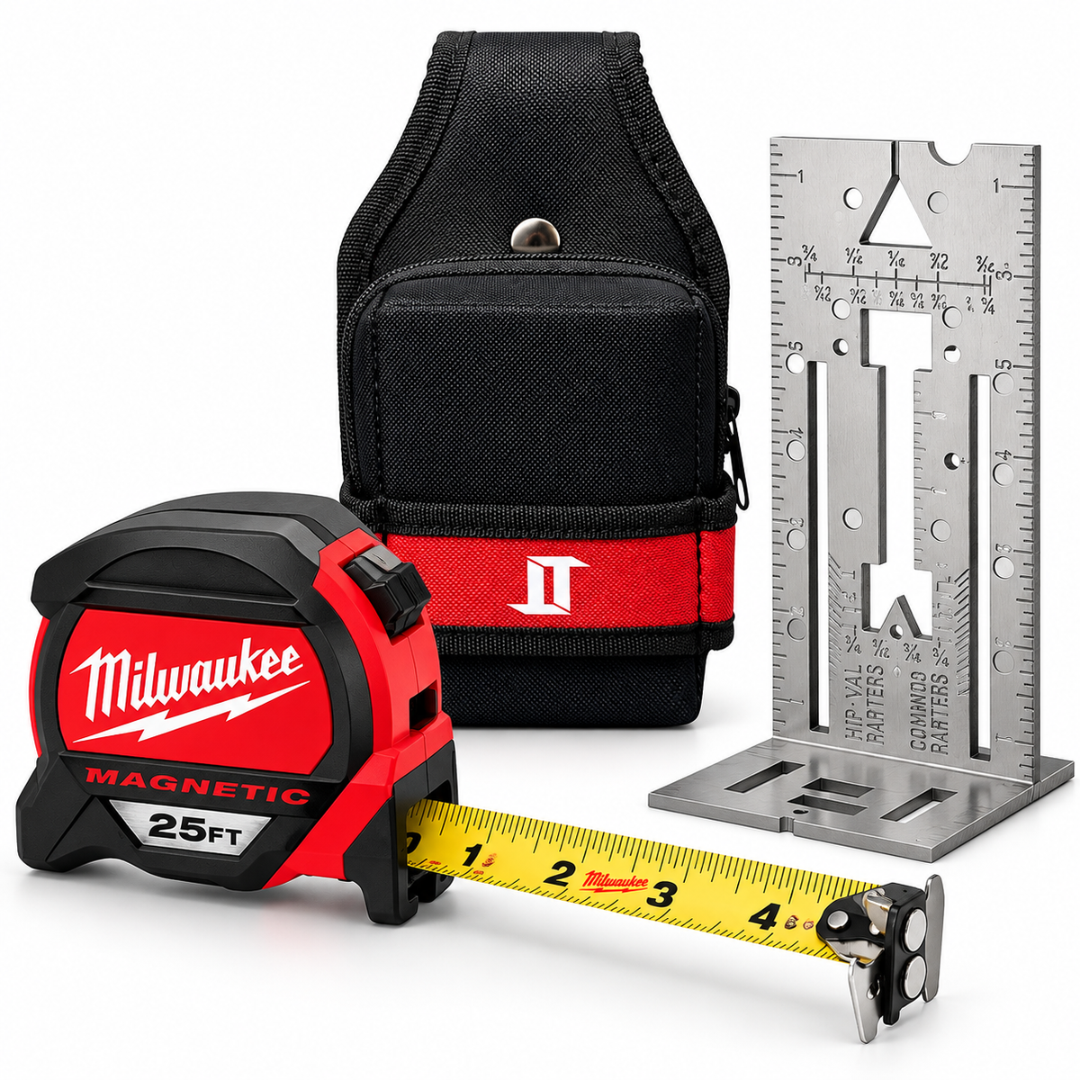 Milwaukee Tape Measure + Universal Tool Pouch + Universal Square