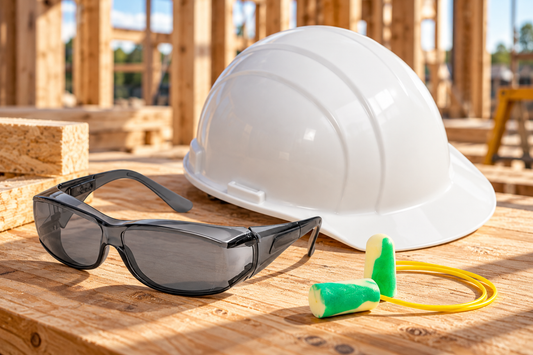 ERB Americana Hard Hat + Elvex OVR-Spec III Safety Glasses + PIP ECOSeries BioSoft Corded Earplugs