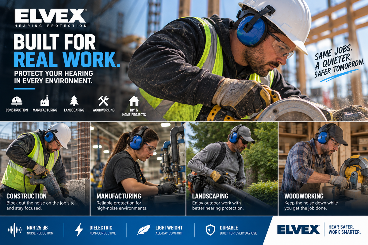 Elvex ValueMuff Dielectric Over-the-Head Earmuff, NRR 25, Blue/Black