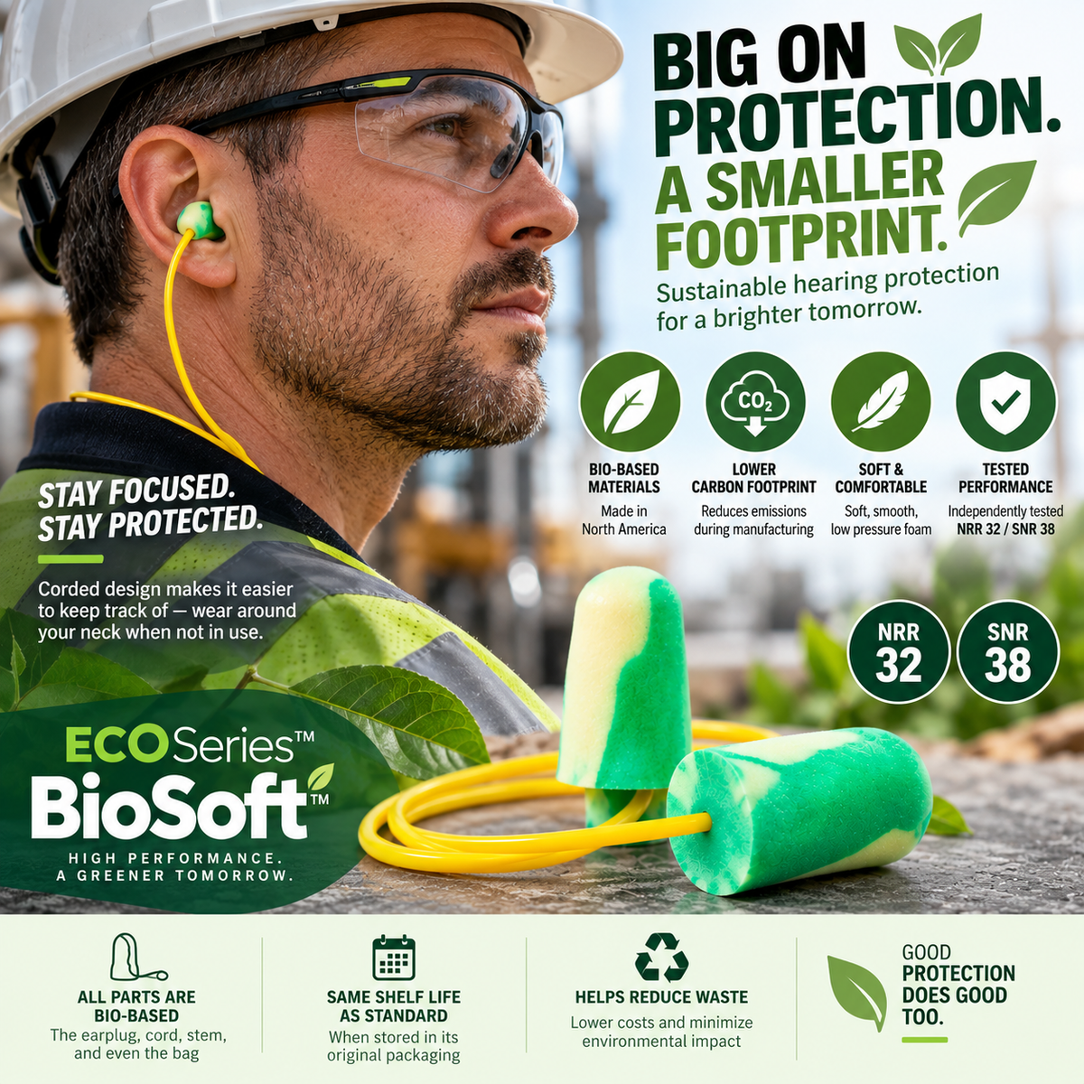 PIP ECOSeries BioSoft Corded Earplugs, NRR 32, 100-Pair Box
