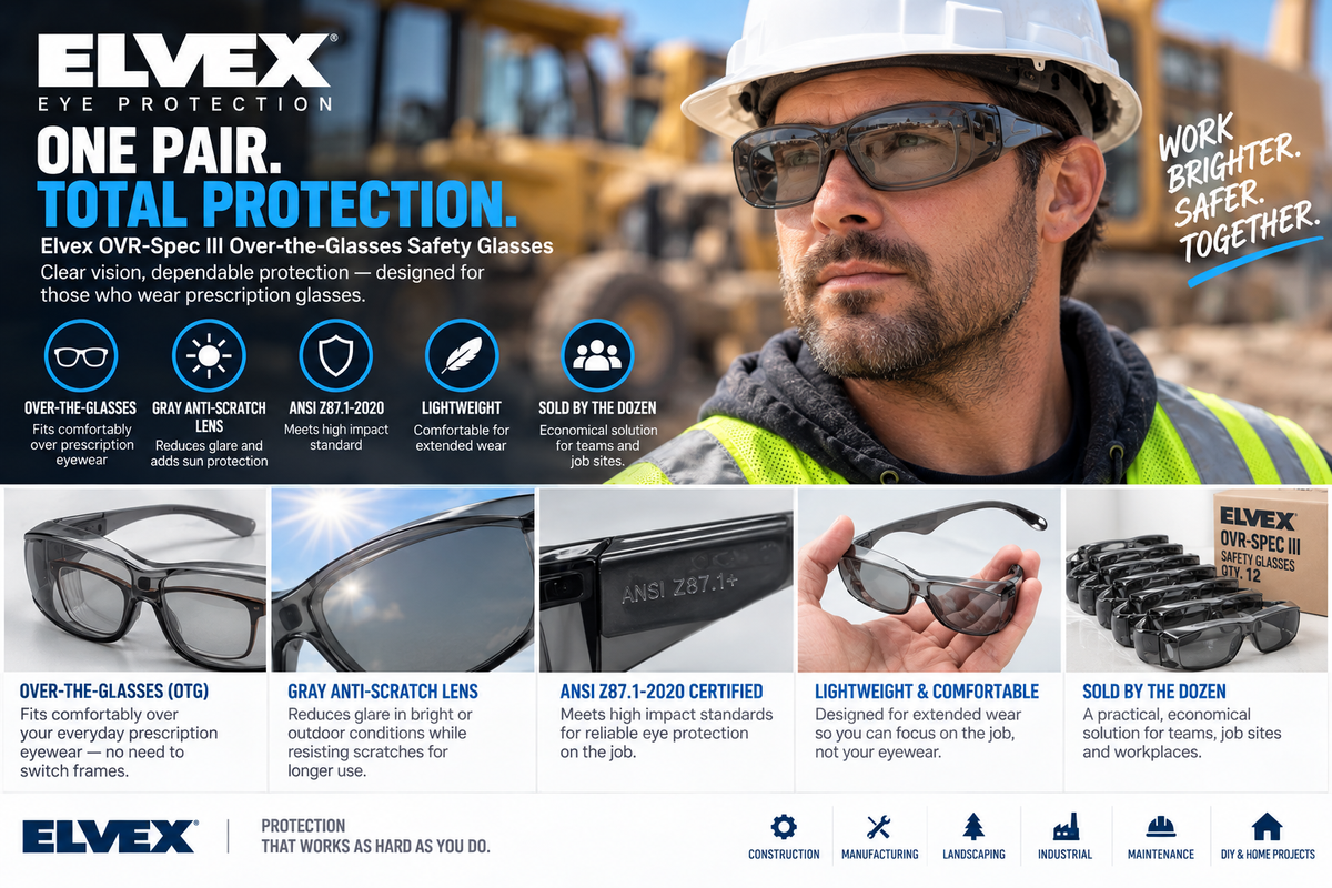 Elvex OVR-Spec III OTG Safety Glasses, Gray Lens