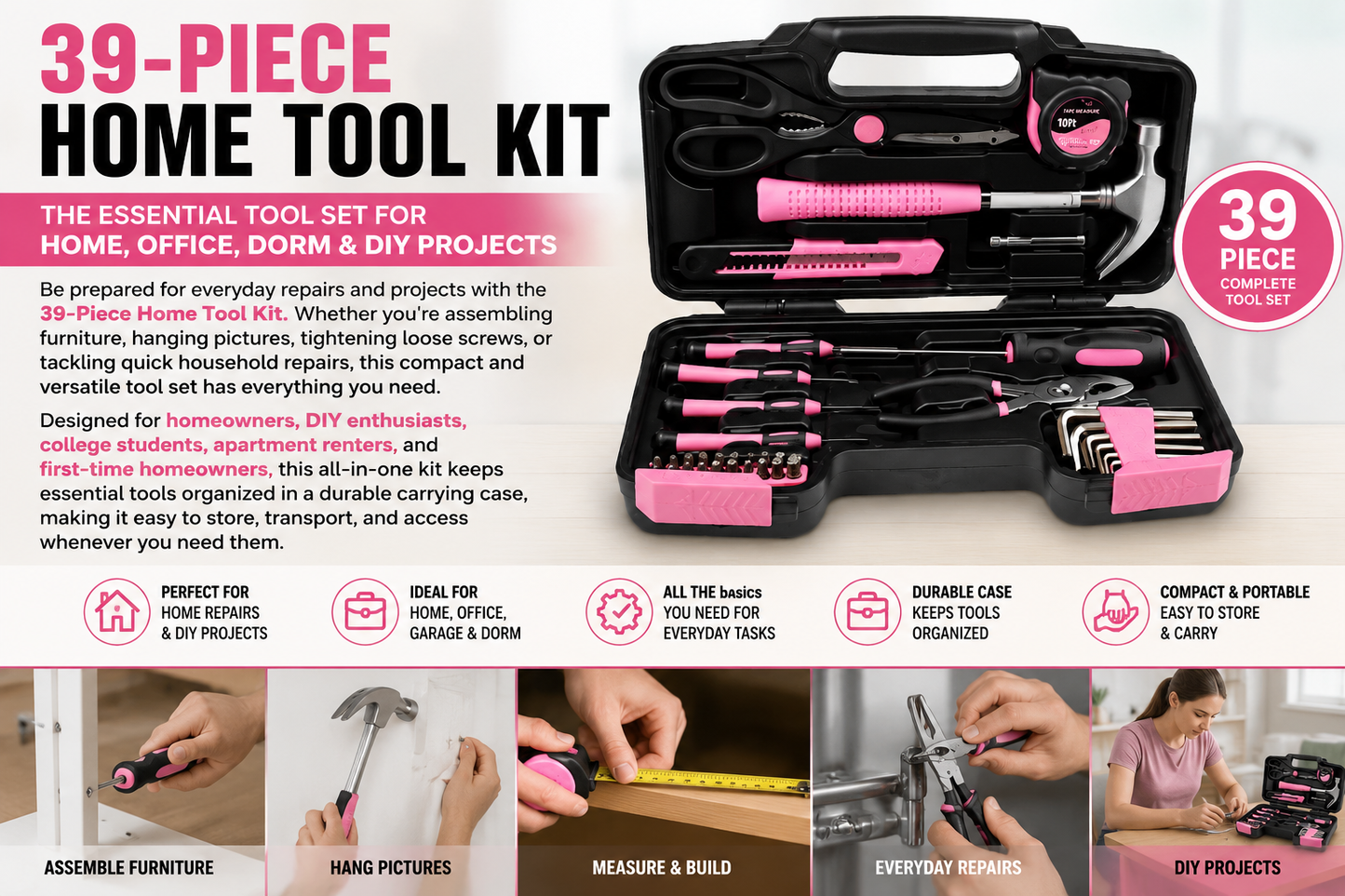 D-Unique Tools 39 Piece Tool Kit for Women, Men, DIY, College Students Home and Household Repair