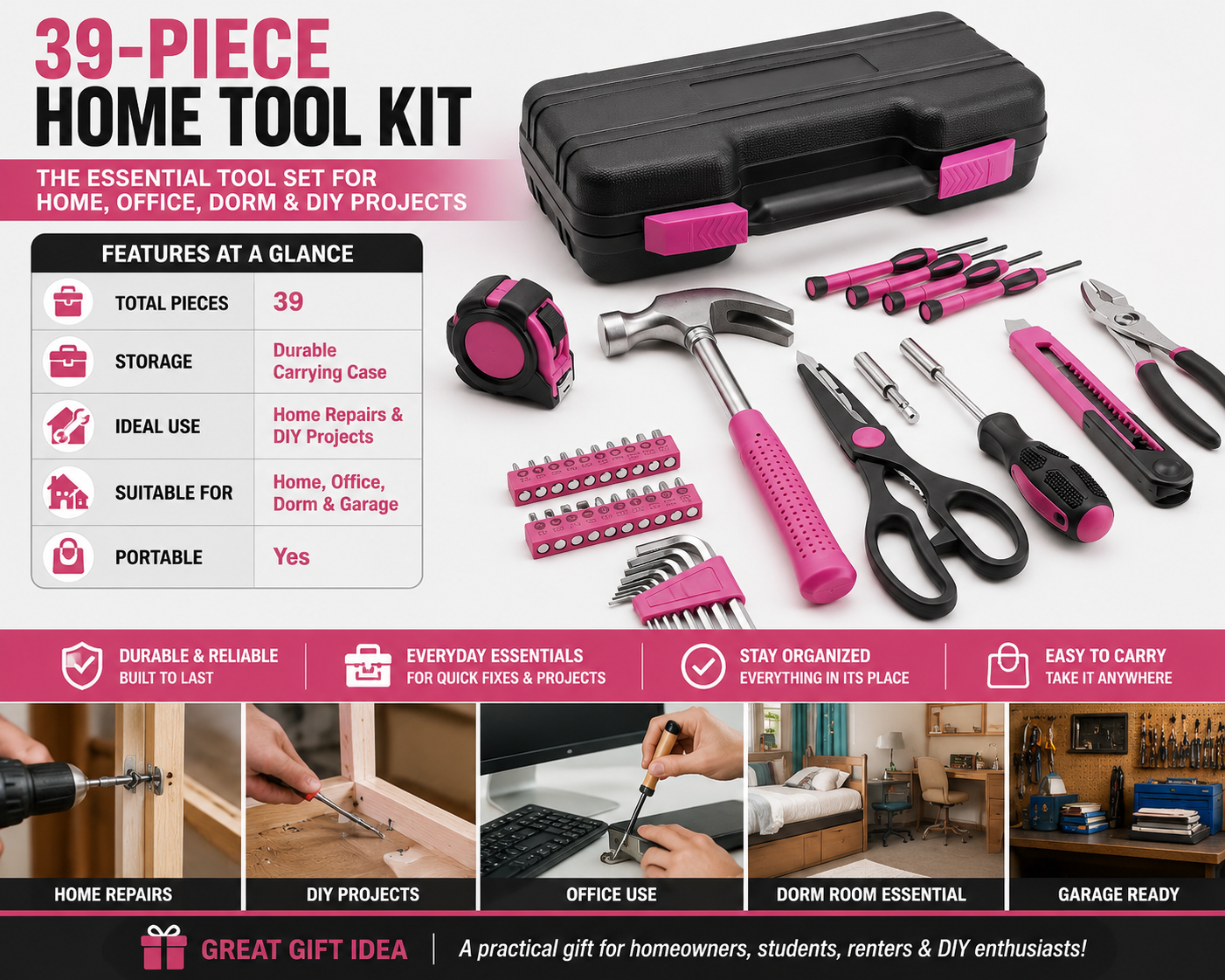 D-Unique Tools 39 Piece Tool Kit for Women, Men, DIY, College Students Home and Household Repair