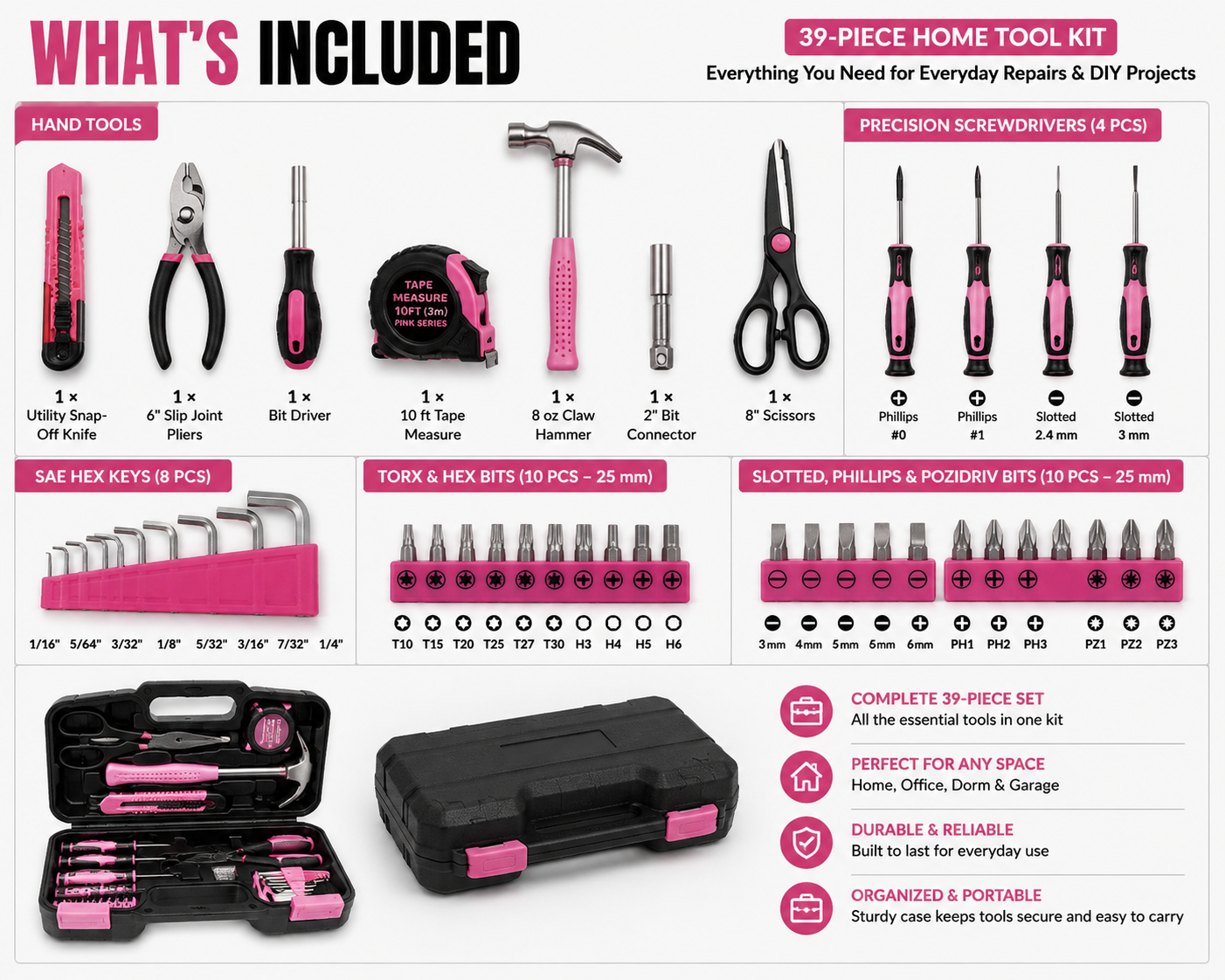 D-Unique Tools 39 Piece Tool Kit for Women, Men, DIY, College Students Home and Household Repair