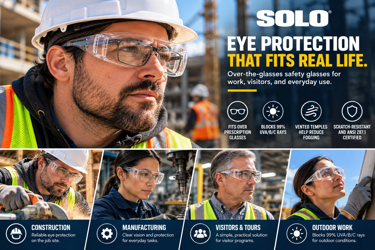 Solo Eyewear Jumbo Safety Glasses, Clear Lens/Frame (OTG Visitor Spectacles)