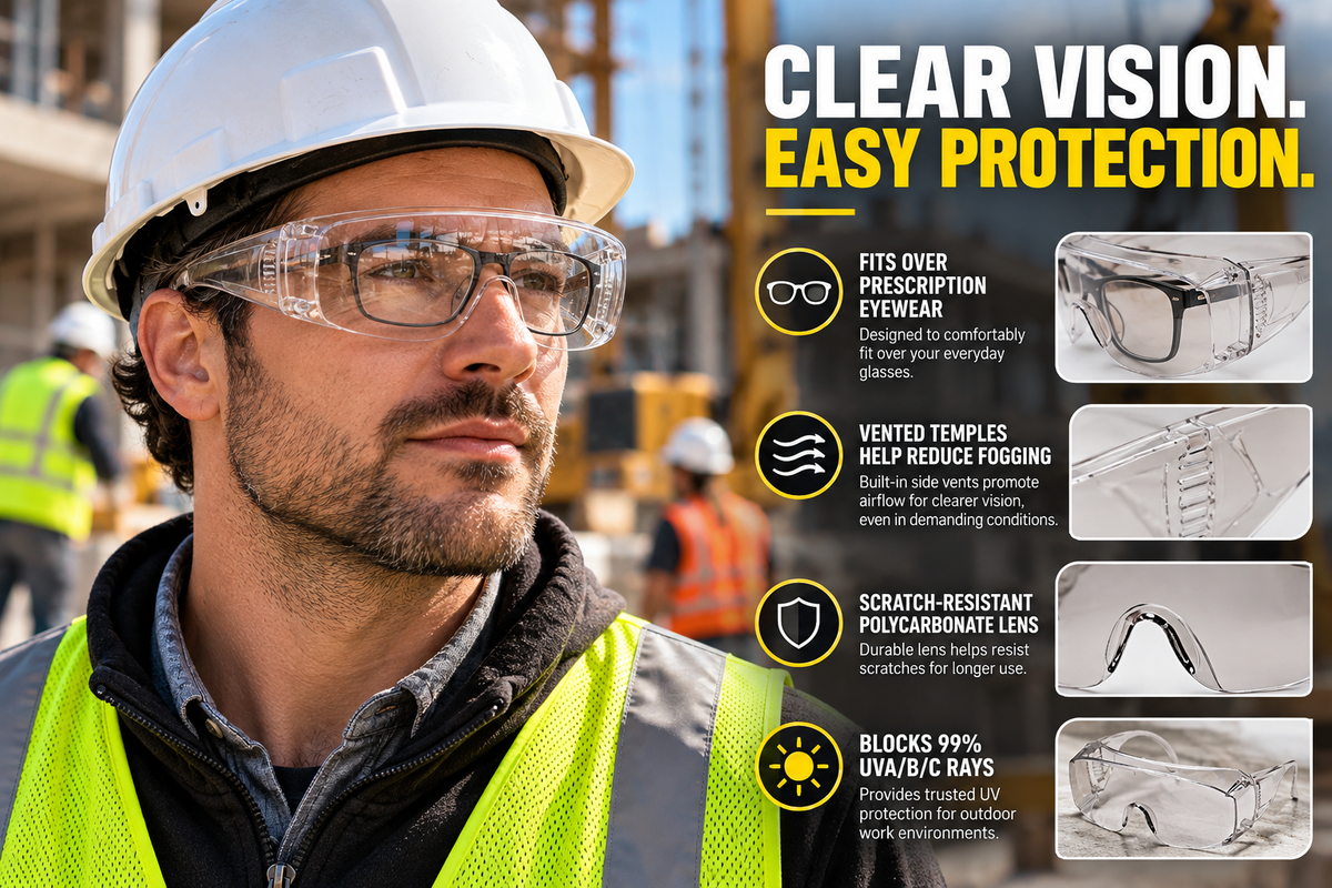 Solo Eyewear Jumbo Safety Glasses, Clear Lens/Frame (OTG Visitor Spectacles)