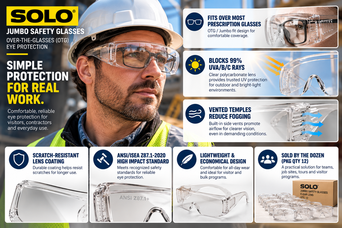 Solo Eyewear Jumbo Safety Glasses, Clear Lens/Frame (OTG Visitor Spectacles)