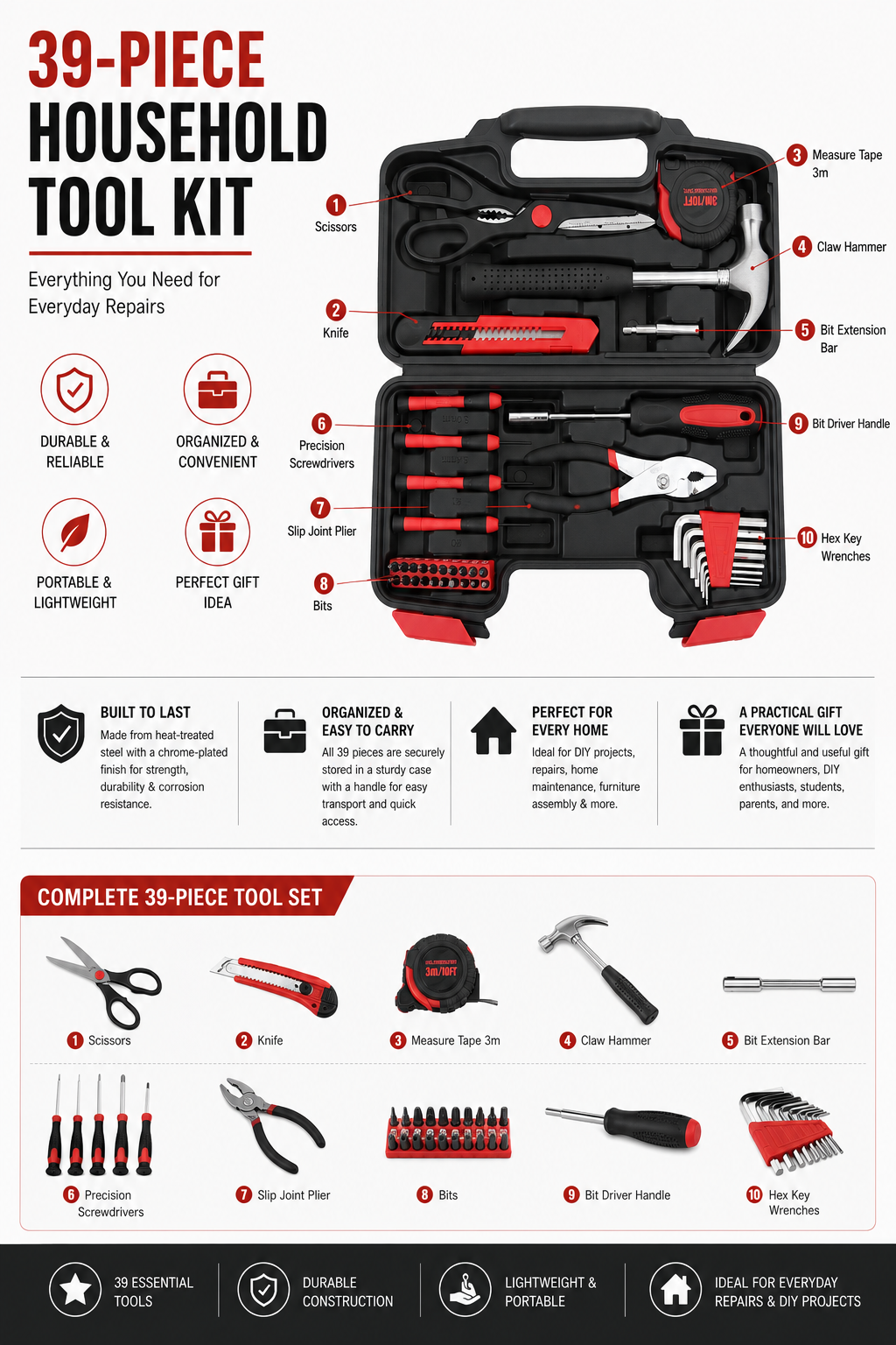 39 Piece Red Tool Kit